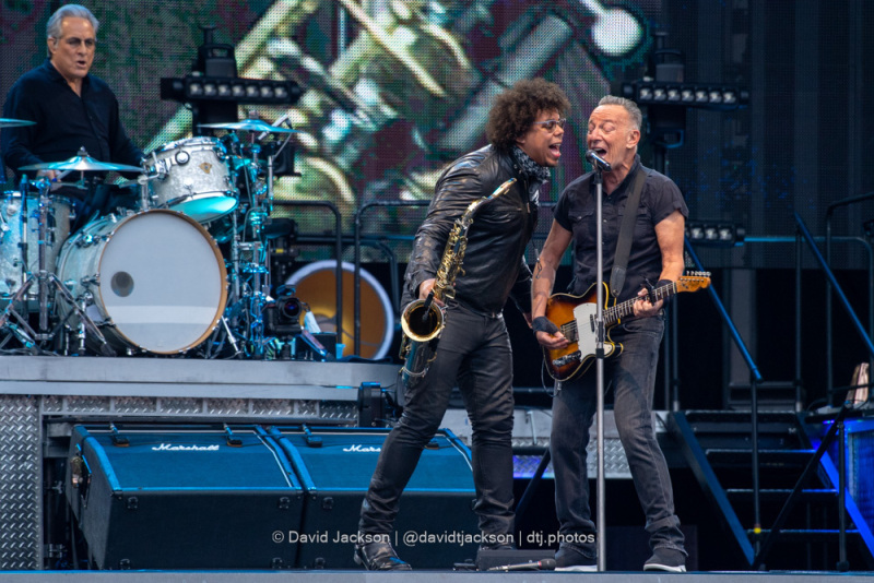 Max Weinberg , Jake Clemons and Bruce Springsteen performing at Villa Park, Birmingham, on Friday, June 16, 2023. Photo by David Jackson.