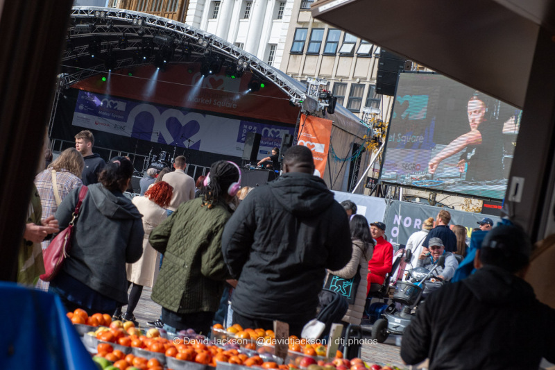 DJ AON on stage at the Market Square in Northampton on Saturday, October 19, 2024, performing as part of a weekend of activities celebrating its official reopening. Photo by David Jackson.