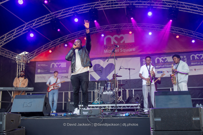 Great Adamz on stage at the Market Square in Northampton on Saturday, October 19, 2024, performing as part of a weekend of activities celebrating its official reopening. Photo by David Jackson.