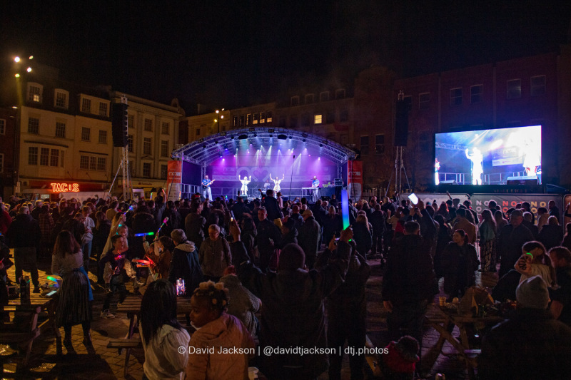 The Magic Of Abba on stage at the Market Square in Northampton on Saturday, October 19, 2024, performing as part of a weekend of activities celebrating its official reopening. Photo by David Jackson.