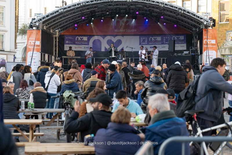 Great Adamz on stage at the Market Square in Northampton on Saturday, October 19, 2024, performing as part of a weekend of activities celebrating its official reopening. Photo by David Jackson.