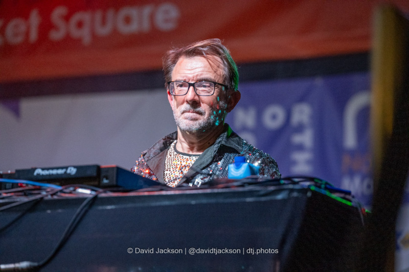 Bernie Keith’s Handbag Heaven on stage at the Market Square in Northampton on Saturday, October 19, 2024, performing as part of a weekend of activities celebrating its official reopening. Photo by David Jackson.