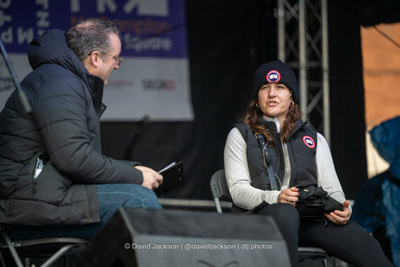 Northampton boxer Chantelle Cameron being interviewed on stage at the Market Square in Northampton on Sunday, October 20, 2024, as part of a weekend of activities celebrating its official reopening. Photo by David Jackson.