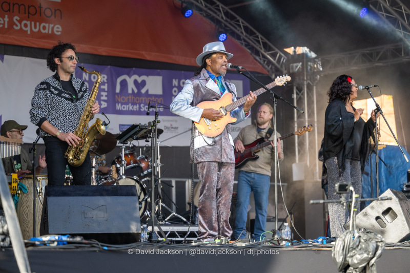 Repro Jam Squad on stage at the Market Square in Northampton on Sunday, October 20, 2024, performing as part of a weekend of activities celebrating its official reopening. Photo by David Jackson.