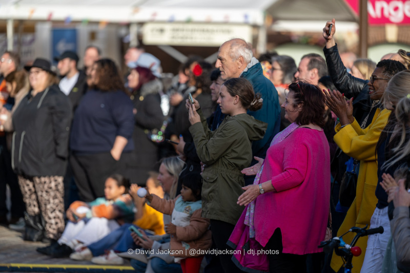 Crowds watching acts perform at the Market Square in Northampton on Sunday, October 20, 2024, as part of a weekend of activities celebrating its official reopening. Photo by David Jackson.