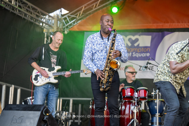 The T Bone Afrika All Stars on stage at the Market Square in Northampton on Sunday, October 20, 2024, performing as part of a weekend of activities celebrating its official reopening. Photo by David Jackson.