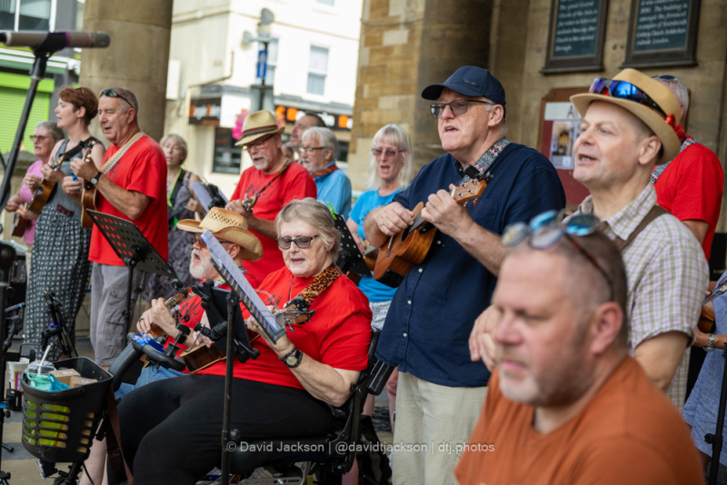 The Northampton Ukulele Group performing on the World Music Stage at the Northampton Music Festival on Sunday, September 10, 2023. Photo by David Jackson.