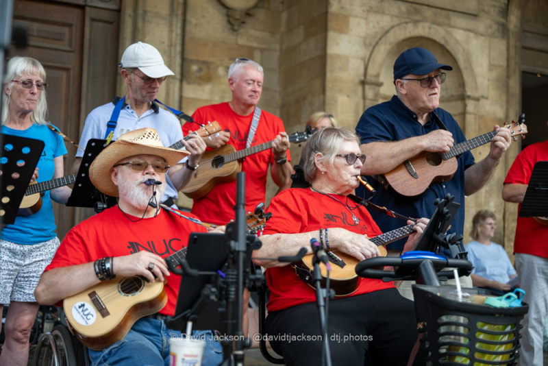 The Northampton Ukulele Group performing on the World Music Stage at the Northampton Music Festival on Sunday, September 10, 2023. Photo by David Jackson.