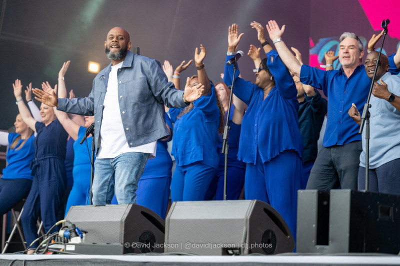 Northants Sings Out choir on stage at the A Perfect Day festival at Delapre Park in Northampton on Sunday, June 16, 2024. Photo by David Jackson.