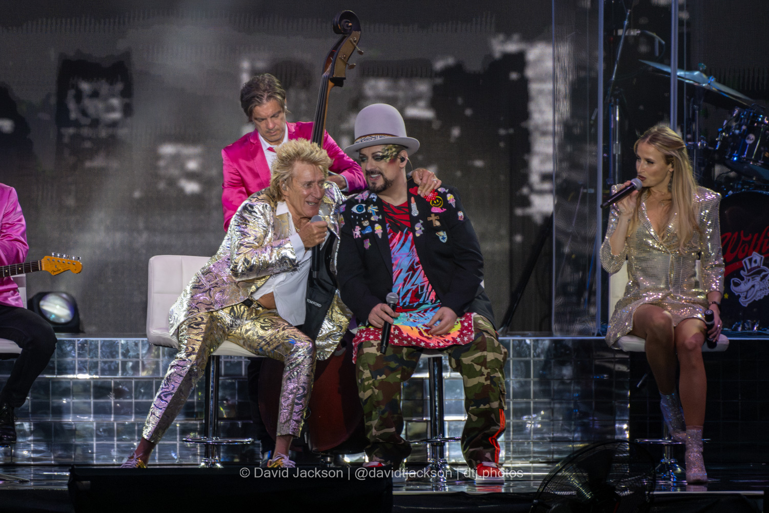 Rod Stewart and Boy George on stage at the cinch Stadium, Franklin's Gardens, Northampton, on Wednesday, June 28, 2023.